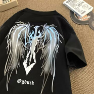 嘉曄男t恤美式高街設計感天使之劍印花大翅膀t恤男女夏季半袖體恤寬松 黑色 L 【85-100斤】