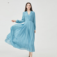 岸香絲縷12姆米雙層喬其桑蠶絲深V領(lǐng)長(cháng)袖冰藍高腰款通勤素雅連衣裙AE1057 浣溪紗-冰藍（A94） L