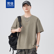 簡徒（JANTOUR）短袖T恤男夏季新款刺繡百搭五分袖t恤衫潮流圓領休閑透氣打底衫 卡其 3XL