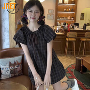 Jret復(fù)古格子泡泡袖連衣裙女夏季2025甜美系帶減齡小個(gè)子花苞短裙 棕格子【版】 S 建議【90-100斤】