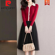 皮爾卡丹（pierre cardin）2025新款春秋季連衣裙女顯瘦洋氣假兩件網(wǎng)紗拼接針織毛衣長裙顯瘦 紅色 S 建議80-90斤