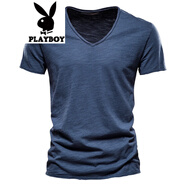 花花公子（PLAYBOY）美式復古短袖t恤男士v領(lǐng)軍綠色體恤寬松雞心領(lǐng)夏季內搭白色打底衫 37寶藍 S (130-140斤)