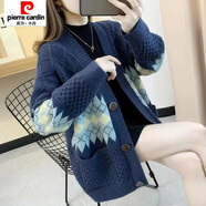 皮爾卡丹（pierre cardin）春秋款女裝慵懶風(fēng)開(kāi)衫毛衣新款韓版大碼寬松外穿針織外套 藍色 收藏+關(guān)注--極速發(fā)貨 建議【80斤-95斤】 S