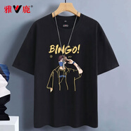 雅鹿短袖t恤男純棉圓領(lǐng)韓版寬松大碼半截袖青少年學生夏季休閑男士t恤 黑/BINGO男孩 XL （重140-150斤高170-175）