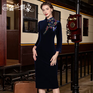 時尚名蘭世家原創(chuàng)設(shè)計新款金絲絨旗袍喜媽媽婆婆宴會婚宴裝禮服連衣裙 藍色A1A（七分袖） 2XL