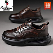 西域駱駝男鞋2025秋冬頭層牛皮時(shí)尚休閑皮鞋氣墊防滑厚底增高運動(dòng)男士鞋子 深棕色-頭層牛皮 加絨 40