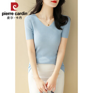 皮爾卡丹（pierre cardin）V領(lǐng)修身白色中袖針織打底衫上衣女春秋2025新款正肩五分袖t恤 2024淺藍(lán)色【短袖】2025 S 【建議80-100斤】