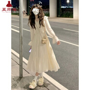夏雨瑤法式長袖仙女連衣裙女春夏新款荷葉邊收腰顯瘦高級感茶歇公主長裙 米杏色 【富家千金/高冷御姐風(fēng)/茶里茶氣別致法式】 S 【建議70-90斤】
