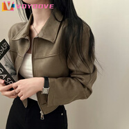 VOYDOVE韓國chic秋季復(fù)古帥氣翻領(lǐng)拉鏈?zhǔn)綄捤砂俅铋L袖皮絨短款夾克外套女 綠色【z】 M 【建議95-105斤】