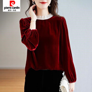 皮爾卡丹（pierre cardin）【42%回購率】高端金絲絨氣質(zhì)打底衫花邊長(cháng)袖半高領(lǐng)洋氣減齡顯瘦T 紅色 L 100-115斤