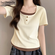 La Chapelle Sport拉夏貝爾時尚潮流假兩件t恤女夏季收腰顯瘦拼接撞色高級感短袖女 奶杏(純色) M /160(推薦100-115斤)