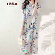 子牧棉麻2025夏裝 女印花改良旗袍裙中國風(fēng)顯瘦氣質(zhì)復(fù)古中長款連衣裙3542 花色 L (建議110-120斤)