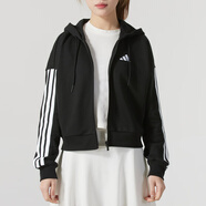 阿迪達(dá)斯 （adidas）女三條紋運動套裝 秋潮流時尚瑜伽跑步健身訓(xùn)練服透氣休閑衣褲 棉/聚酯纖維 黑色連帽夾克外套 L