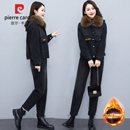 皮爾卡丹（pierre cardin）歐貨牛仔套裝女冬季新款韓系加絨加厚大毛領(lǐng)棉衣棉褲兩件套褲子潮 黑色 XL （120-130斤）