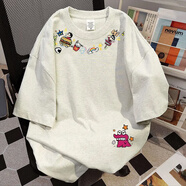 文頗100%純棉潮牌設計感個(gè)性藏青色卡通印花男女學(xué)生寬松透氣短袖上衣 220克-花灰 S 建議85-95斤