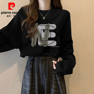 皮爾卡丹（pierre cardin）長(cháng)袖T恤女薄圓領(lǐng)長(cháng)袖設計感小眾辣妹短款上衣原宿風(fēng)寬松顯瘦秋季 【NE】 短款長(cháng)袖黑 M 80-100斤