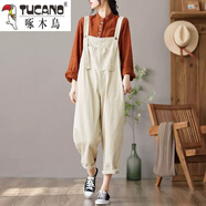 啄木鳥(niǎo)工裝背帶褲女2025夏季高腰顯瘦工裝九分背帶褲復古寬松闊腿褲女 米白色 L 【建議100-130斤】