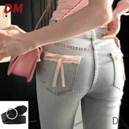 DALEY MODE美式辣妹蝴蝶結蕾絲微喇叭牛仔褲女小個(gè)子高腰修身顯瘦馬蹄長(cháng)褲潮 淺藍色+腰帶 S