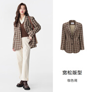 森馬外套女中長(cháng)款寬松易打理時(shí)尚通勤秋季鹽系格紋休閑西服復古風(fēng) 咖色調0355 165/88A L