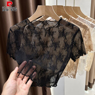 皮爾卡丹（pierre cardin）蕾絲打底衫網(wǎng)紗夏季鏤空短袖圓領(lǐng)木耳邊短款吊帶裙內(nèi)搭t恤上衣 黑色 均碼