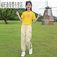 G.DUCKKIDS女童短袖夏裝兒童運(yùn)動(dòng)套裝中大童女裝6-15歲學(xué)生T恤九分褲兩件套2 黃色大愛(ài)心 140