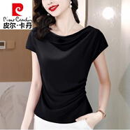 皮爾卡丹（pierre cardin）法式蕩領(lǐng)一字肩醋酸上衣女夏季新款仿仿真絲短袖t恤褶皺收腰氣質(zhì) 黑色 2XL 建議126-135斤