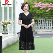 皮爾卡丹（pierre cardin）中老女裝秋季蕾絲連衣裙40歲媽媽裝春夏季中長(cháng)款大碼過(guò)膝長(cháng)裙子 雞心領(lǐng)黑色(短袖) 建議150-165斤 5XL