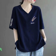 宿萊適合胖人穿的衣服肥婆短袖T恤女大碼胖MM大碼遮肚子印花顯瘦上衣 藏藍(lán)色稻穗 3XL 3XL185-210斤偏大不用拍大