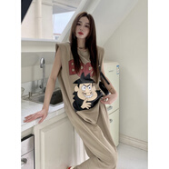 貝吉棋棉的卡通印花無袖T恤裙連衣裙女夏寬松大碼慵懶休閑過膝背心長裙 卡其色 M