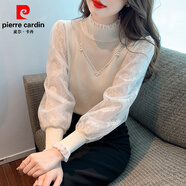 皮爾卡丹（pierre cardin）打底衫半高領(lǐng)蕾絲袖薄款毛衣女洋氣長袖內(nèi)搭短款上衣2025春秋新款 杏色  XL 建議120-130斤