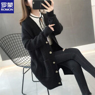 羅蒙（ROMON）中長款毛衣開衫外套女寬松慵懶風(fēng)秋冬針織衫洋氣加厚百搭學(xué)生 黑色 L