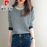 皮爾卡丹（pierre cardin）黑白格子針織衫女春秋2025新款長袖洋氣上衣寬松顯瘦打底短款毛衣 藏青色 L 建議100-120斤