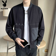 花花公子（PLAYBOY）外套男沖鋒夾克男裝春季男士休閑工裝連帽潮流上衣服 黑色 XL
