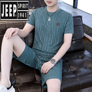 吉普（JEEP）高端休閑運動套裝男士夏季冰絲短袖T短褲搭配一套透氣涼感兩件套 【冰絲套裝】暗花虎藍綠 XL (125-145斤)