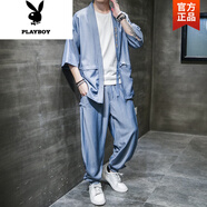 花花公子（PLAYBOY）中國風(fēng)男裝套裝夏季薄款冰絲t恤男短袖古風(fēng)v領(lǐng)漢服潮流唐裝兩件套 TZ01藍色 M 95-115斤