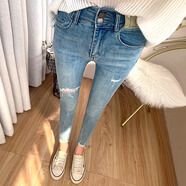 BJORN MOAN夏季薄款復古淺藍破洞牛仔褲女小個(gè)子韓國顯瘦九分小腳褲潮 藍色-九分【高品質(zhì)】 建議106-116斤 L