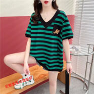 覓靚裳胖妹妹穿的短袖純棉t恤加肥加大碼半袖半截袖女裝夏裝V領(lǐng)條紋女20 綠色 XL135-165斤