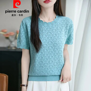 皮爾卡丹（pierre cardin）官方品牌圓領(lǐng)鏤空花邊短袖T恤女針織衫夏季新款寬松顯瘦百搭 湖藍 M 90-105斤