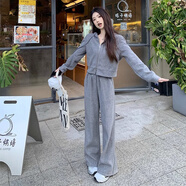 沐依琳休閑褲女裝套裝秋季新款韓版連帽拉鏈衛衣運動(dòng)服闊腿褲兩件套潮 灰色套裝[顯瘦百搭優(yōu)先發(fā)貨](méi) L 建議[105-120斤]