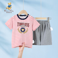 Classic Teddy精典泰迪兒童套裝男童短袖T恤短褲兩件套中小童裝夏季薄款衣服新 皇家小熊大紅條 100