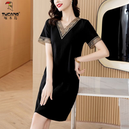 啄木鳥(niǎo)歐洲站小香風(fēng)赫本連衣裙2025夏裝穿搭優(yōu)雅蕾絲拼接法式T恤小黑裙 黑色 M