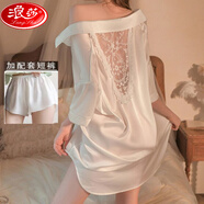 浪莎（LangSha）夏季高顏值綢絲襯衫睡裙小香風(fēng)2025寬松薄款純欲睡衣裙時(shí)尚家居服 RJ2106白色綢緞+褲子 2XL 建議140-160斤