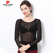 皮爾卡丹（pierre cardin）黑色網(wǎng)紗打底衫性感透明紗網(wǎng)上衣女防曬服長(cháng)袖T恤蕾絲衫新款內搭 黑 S
