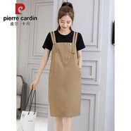 皮爾卡丹（pierre cardin）減齡洋氣牛仔背帶裙套裝女韓版2026休閑寬松時(shí)尚修身遮肉兩件套裙 卡其單件 XL 128斤左右