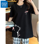 真維斯100%純棉寬松圓領短袖T恤女中長款2024夏季新款時尚簡約百搭上衣 黑-看花貓咪K+看花貓咪右下 M