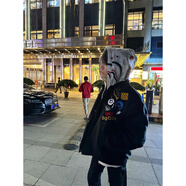 卡圖弛美式高街徽章字母刺繡棒球服男春秋季潮牌寬松高街飛行員夾克外套 黑色 XL