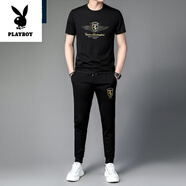 花花公子（PLAYBOY）高檔2024夏季桑蠶絲男士短袖套裝休閑運動(dòng)套裝男薄款潮流一套短袖 9829黑色(短袖+長(cháng)褲) M 165