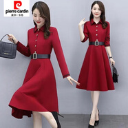 皮爾卡丹（pierre cardin）胖妹妹長(cháng)袖大碼連衣裙女夏季新款收腰顯瘦中長(cháng)款氣質(zhì)襯衫裙女 紅色 建議115-130斤 XL