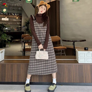 啄木鳥早春季一整套穿搭復(fù)古格子背帶裙美拉德時(shí)尚遮肉顯瘦連衣裙套裝女 【套裝】背帶連衣裙+長袖上衣 2XL 建議135-150斤