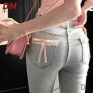 DALEY MODE美式辣妹蝴蝶結蕾絲微喇叭牛仔褲女小個(gè)子高腰修身顯瘦馬蹄長(cháng)褲潮 淺藍色 S